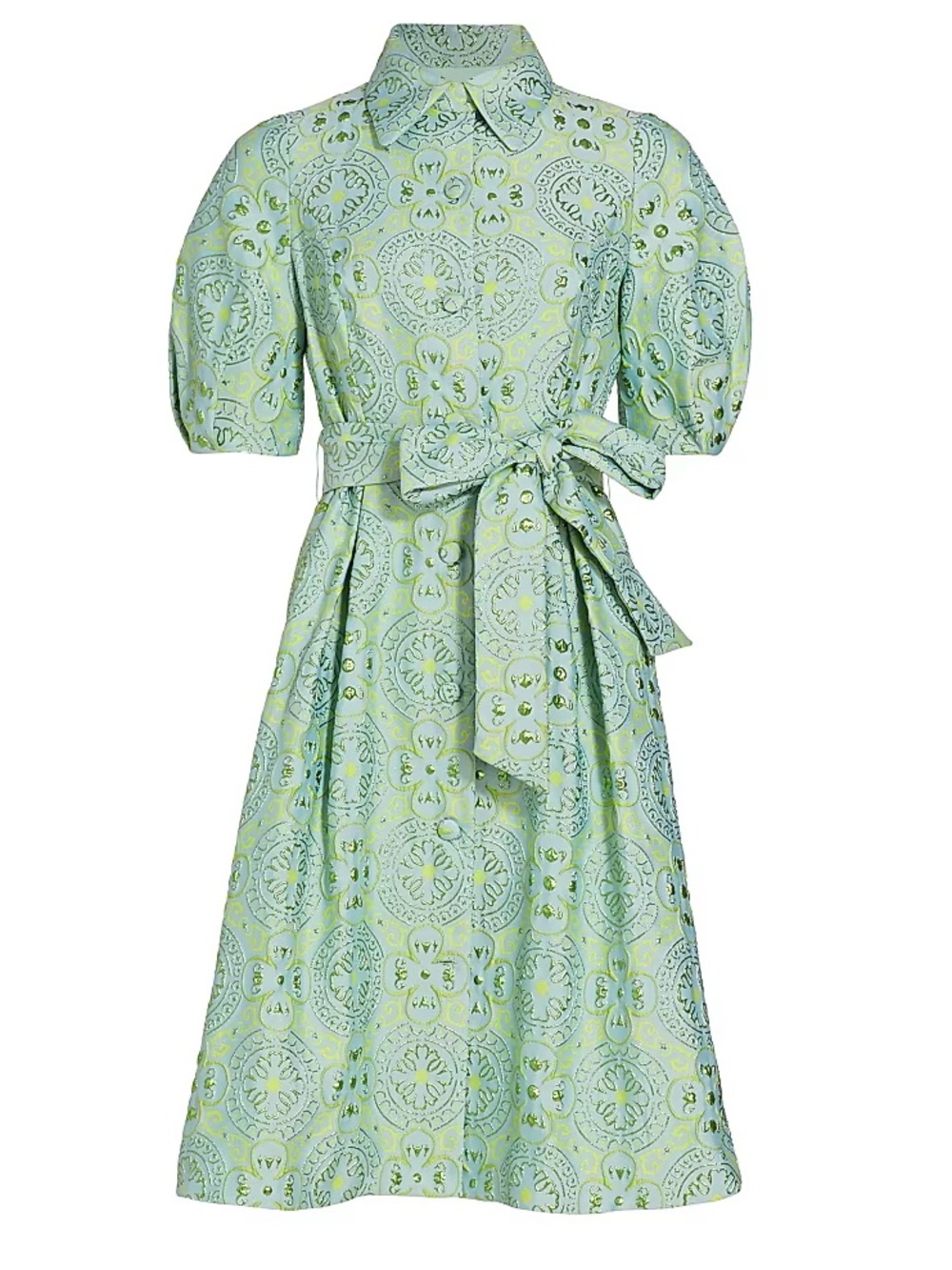 Rickie Freeman Teri Jon Mint Green Embroidered Jacquard Shirt Dress Belted EUC